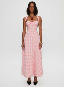 side view of model wearing Princess Polly Lucky For You Halter Maxi Dress Multi Sweetheart Neckline 