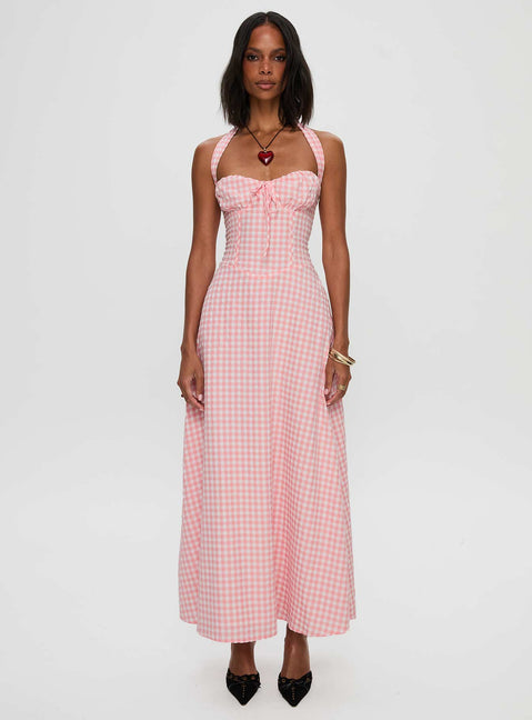 side view of model wearing Princess Polly Lucky For You Halter Maxi Dress Multi Sweetheart Neckline 