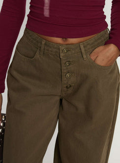 back view of model wearing Princess Polly Naylor Mid Rise Wide Leg Jeans Olive High Rise Jeans 