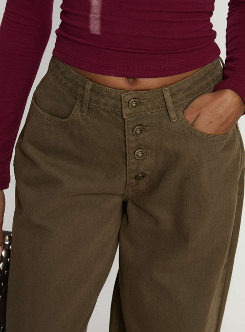 back view of model wearing Princess Polly Naylor Mid Rise Wide Leg Jeans Olive High Rise Jeans 