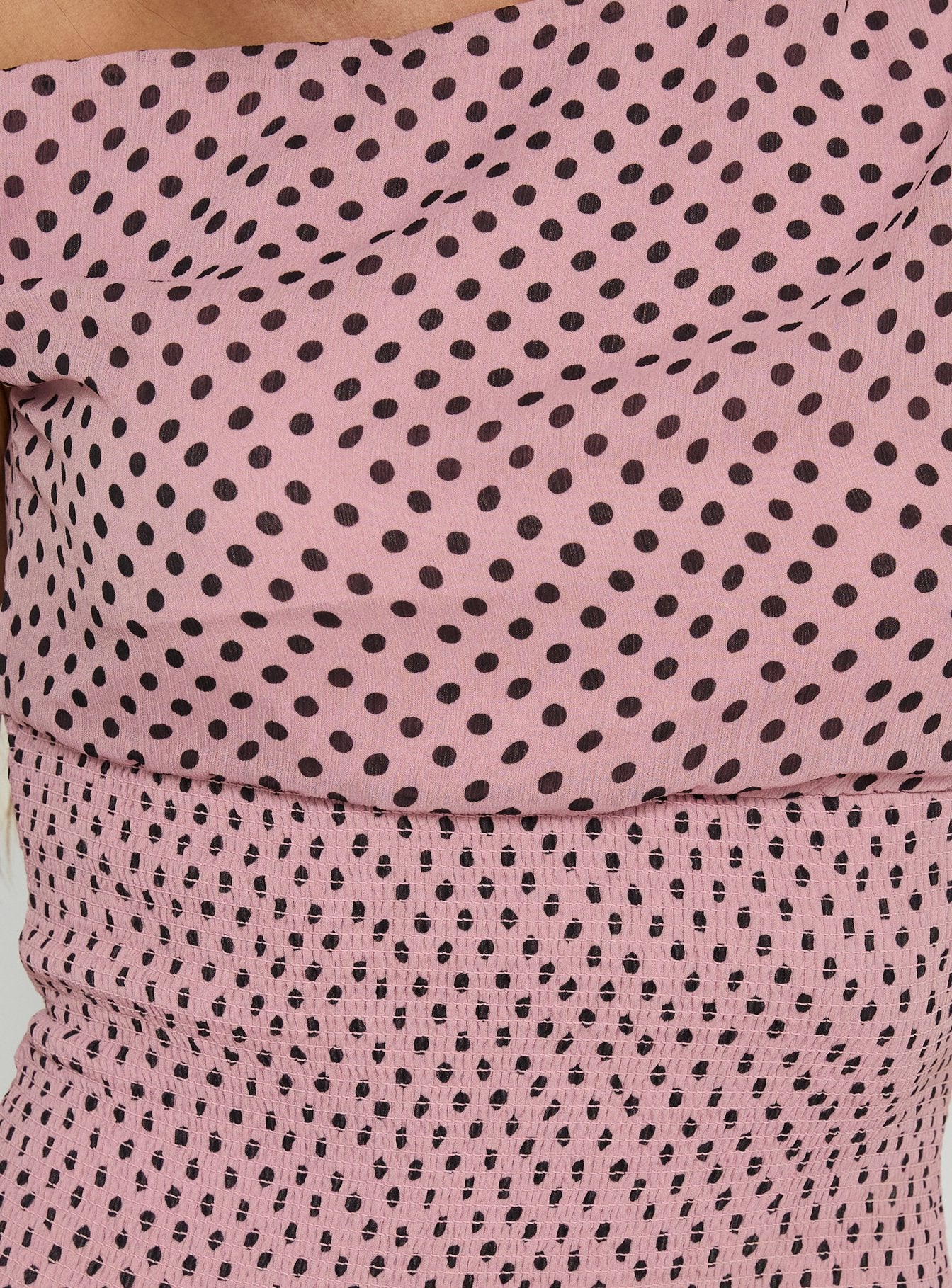 pink polka dot off the shoulder dress COSMINA Baby Pink Polka Dot Midi Dress Women's Wedding Guest Cocktail Off Shoulder Ruffle Trim Slim Fit Bodycon Pencil Hem Puff Sleeve Vinta,M