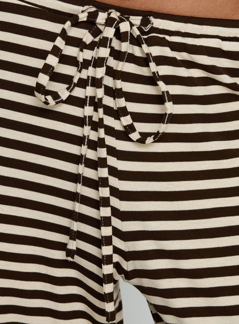 product Princess Polly Gavrielle Jersey Wide Leg Pants Chocolate / Cream Stripe Mid Rise Pants 