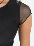 Black crop top Sheer mesh material Diagonal stitching Good stretch Lined body