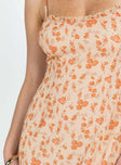 Floral print midi dress, slim fitting Adjustable shoulder straps, frill trim, invisible zip fastening at side, asymmetric hem