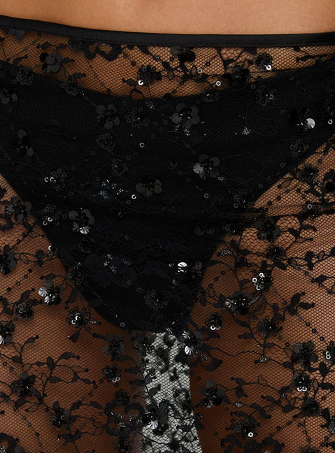 Fast Life Sheer Sequin Lace Midi Skirt Black