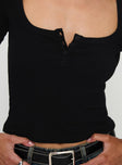 back view of model wearing Princess Polly Daphine Long Sleeve Top Black Full Sleeves Scoop Neck 