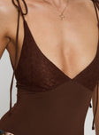 back view of model wearing Princess Polly Prichard Bodysuit Brown Sleeveless 