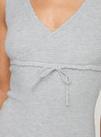 Grey mini dress <ul> <li>Knit mini dress</li> <li>V-neckline, trimming detail, fixed tie detail at bust, fixed shoulder straps