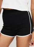 Mid rise shorts Thick elasticated waistband, dolphin hem, contrast piping Good stretch, unlined  Princess Polly Lower Impact