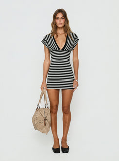 Eleanorre Batwing V Neck Mini Dress Grey Stripe