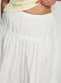 back view of model wearing Princess Polly Calling For You Flowy Maxi Skirt White Curve Maxi Skirts 