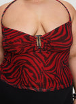 back view of model wearing Princess Polly Cielo Mesh Halter Top Red Zebra Curve Sleeveless Plunger 