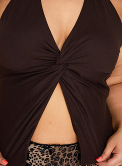 back view of model wearing Princess Polly No Hard Feelings Twist Top Brown Curve Sleeveless V-Neck 