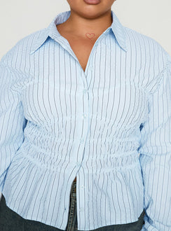 back view of model wearing Princess Polly Liesel Shirred Long Sleeve Top Stripe Curve Full Sleeves V-Neck 