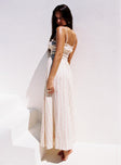 back view of model wearing Princess Polly Persephone Shirring Linen Maxi Dress Pink Stripe Square Neck 