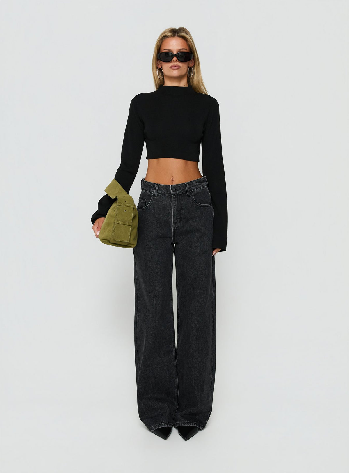 Georgily Funnel Neck Long Sleeve Crop Top Black