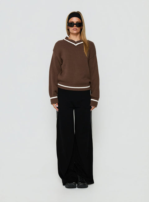 Myrandah V Neck Long SLeeve Knit Jumper Chocolate Stripe
