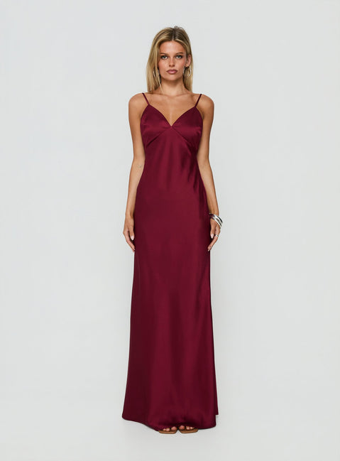 Flip A Switch Satin Lace Slip Maxi Dress Burgundy