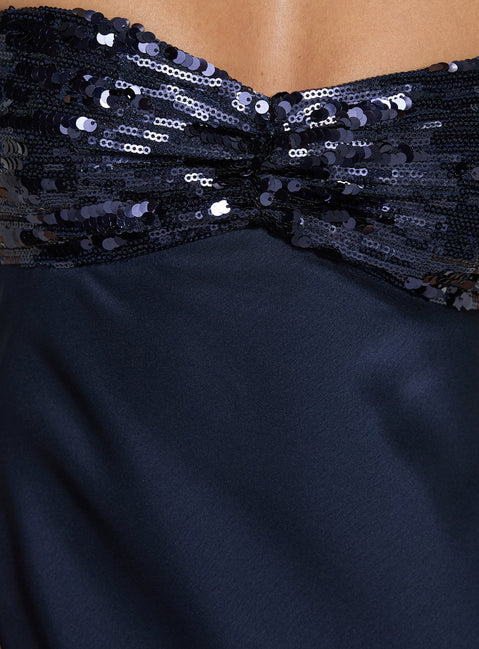 See The Vision Sequin Bust Strapless Maxi Dress Navy