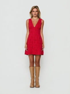 Gabbey Anglaise V Neck Mini Dress Tomato Red