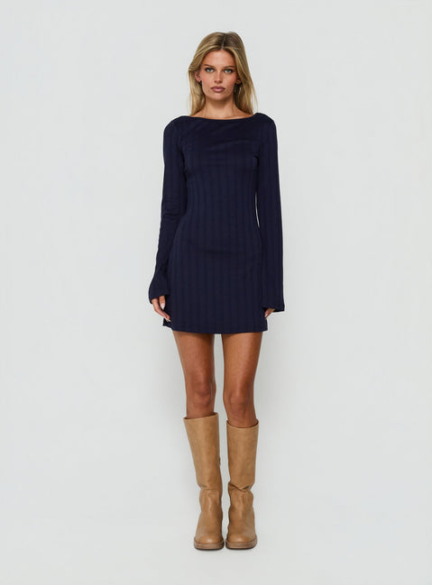 Blairre Pointelle Long Sleeve Mini Dress Navy
