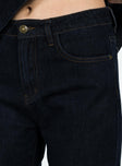 Straight leg jeans Dark denim High rise Zip and button fastening Three pocket detail Side split details along bottom