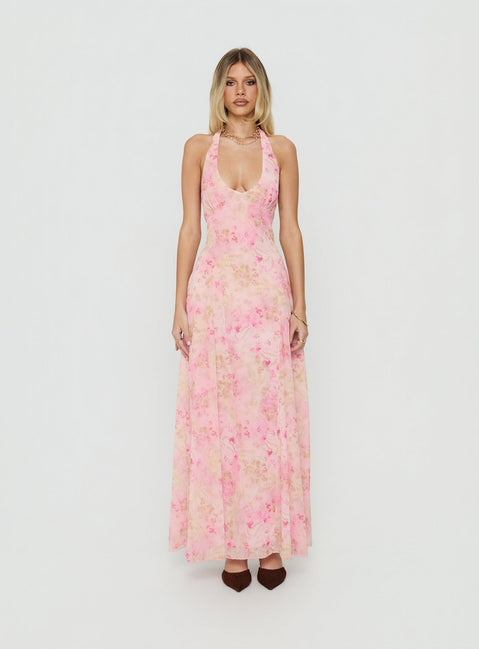 Dandelions Halter Maxi Dress Pink Floral