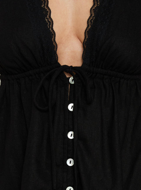 Easy Going Button Detail Halter Linen Mini Dress Black