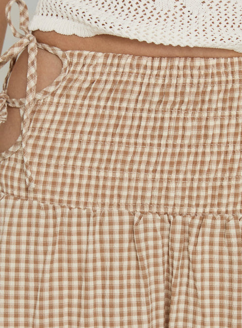 Vence Ruched Maxi Skirt Brown Gingham