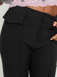 Pants High rise fit, belt looped waist, zip & button fastening, faux twin hip pockets, seam down center of leg Slight stretch, unlined 