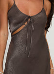 back view of model wearing Princess Polly Linger Bias Cut Dress Brown Scoop Neck 