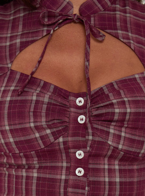 Jaylanni Keyhole Blouse Top Plum Check