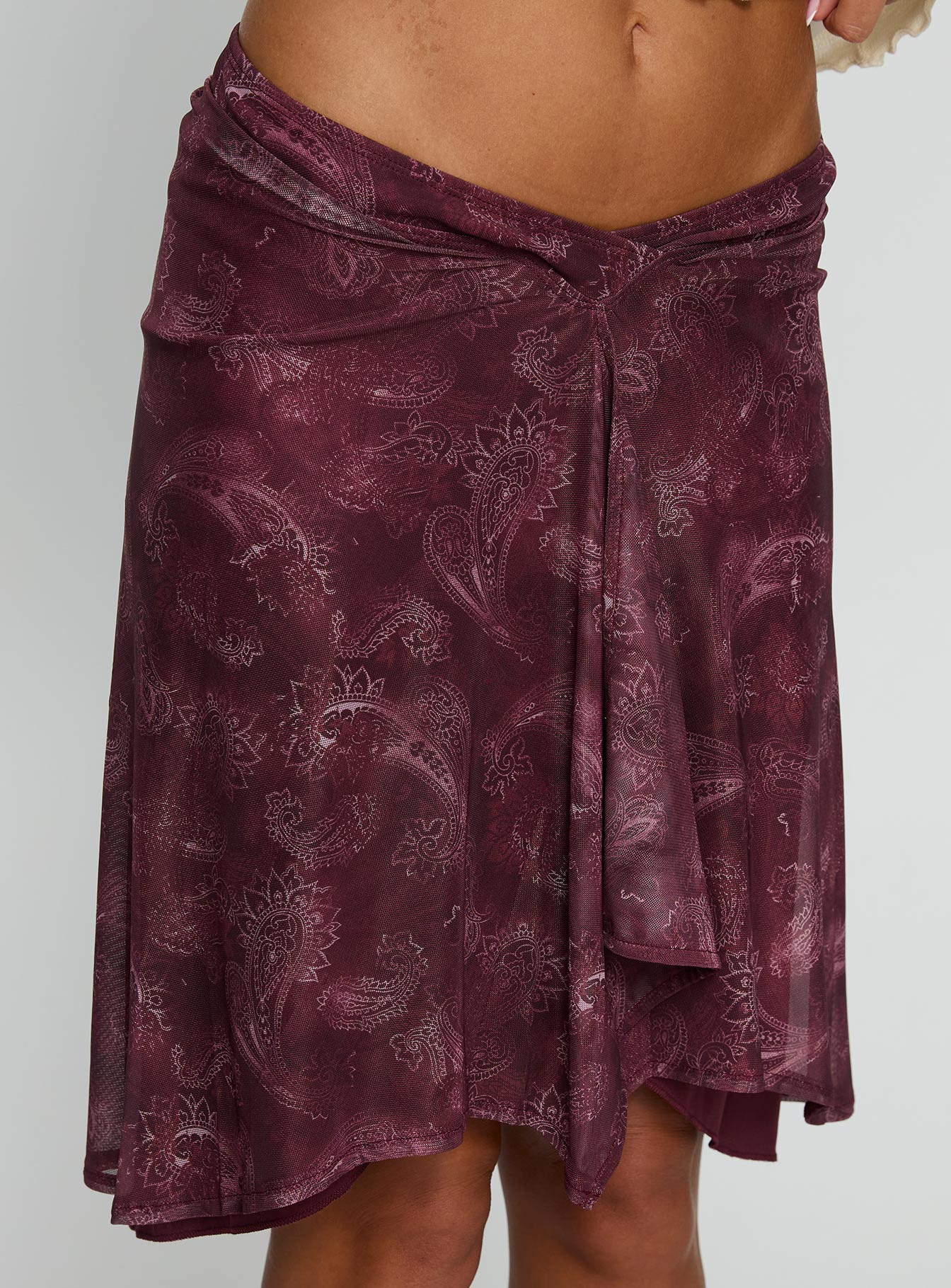   side view of model wearing Princess Polly Esmeray Midi Skirt Mesh Tonal Paisley Plum 