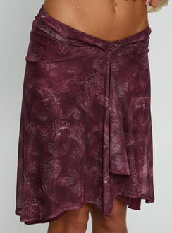   side view of model wearing Princess Polly Esmeray Midi Skirt Mesh Tonal Paisley Plum 