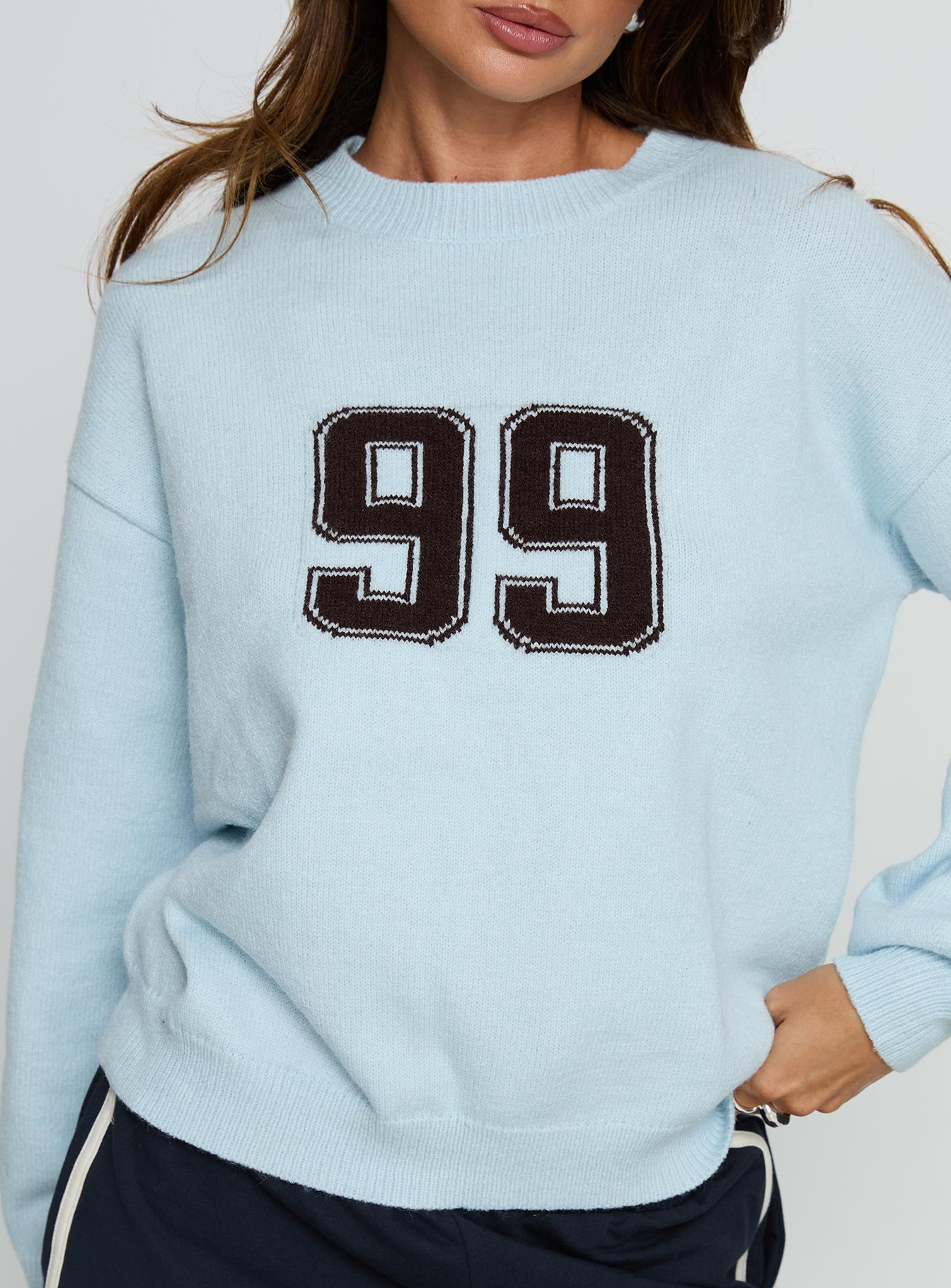 back view of model wearing Princess Polly Ranee Graphic Knit Sweater Blue 