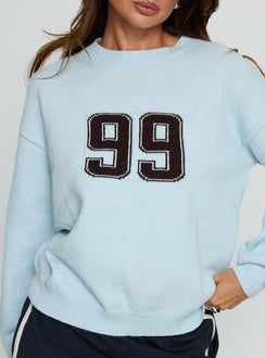 back view of model wearing Princess Polly Ranee Graphic Knit Sweater Blue 