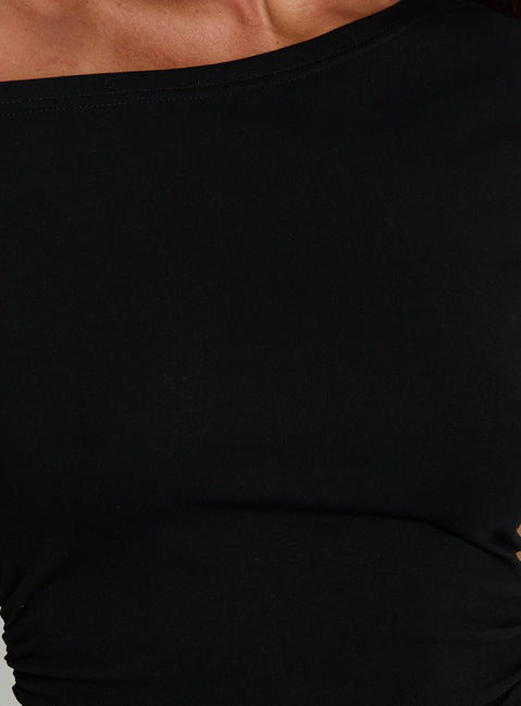 black off the shoulder t shirt dress One Shoulder Ruched Detail T-Shirt Dress In Black | EGO US