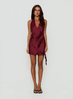 Landree Wrap Halter Satin Mini Dress Burgundy