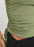 back view of model wearing Princess Polly Brekky One Shoulder Top Green Sleeveless Asymmetric Neckline 