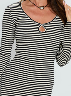 Lost Focus Long Sleeve Keyhole Mini Dress Black Stripe