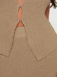 Knit Set Knit vest style top, v-neckline, open front style top, hook & eye fastening  High-waisted knit skirt, elasticated waist band 