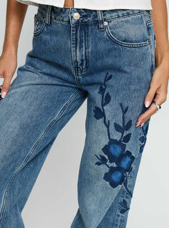 front view of model wearing Princess Polly Sisterhood Mid Rise Wide Leg Patchwork Jeans Mid Blue Wash Mid Rise Jeans 