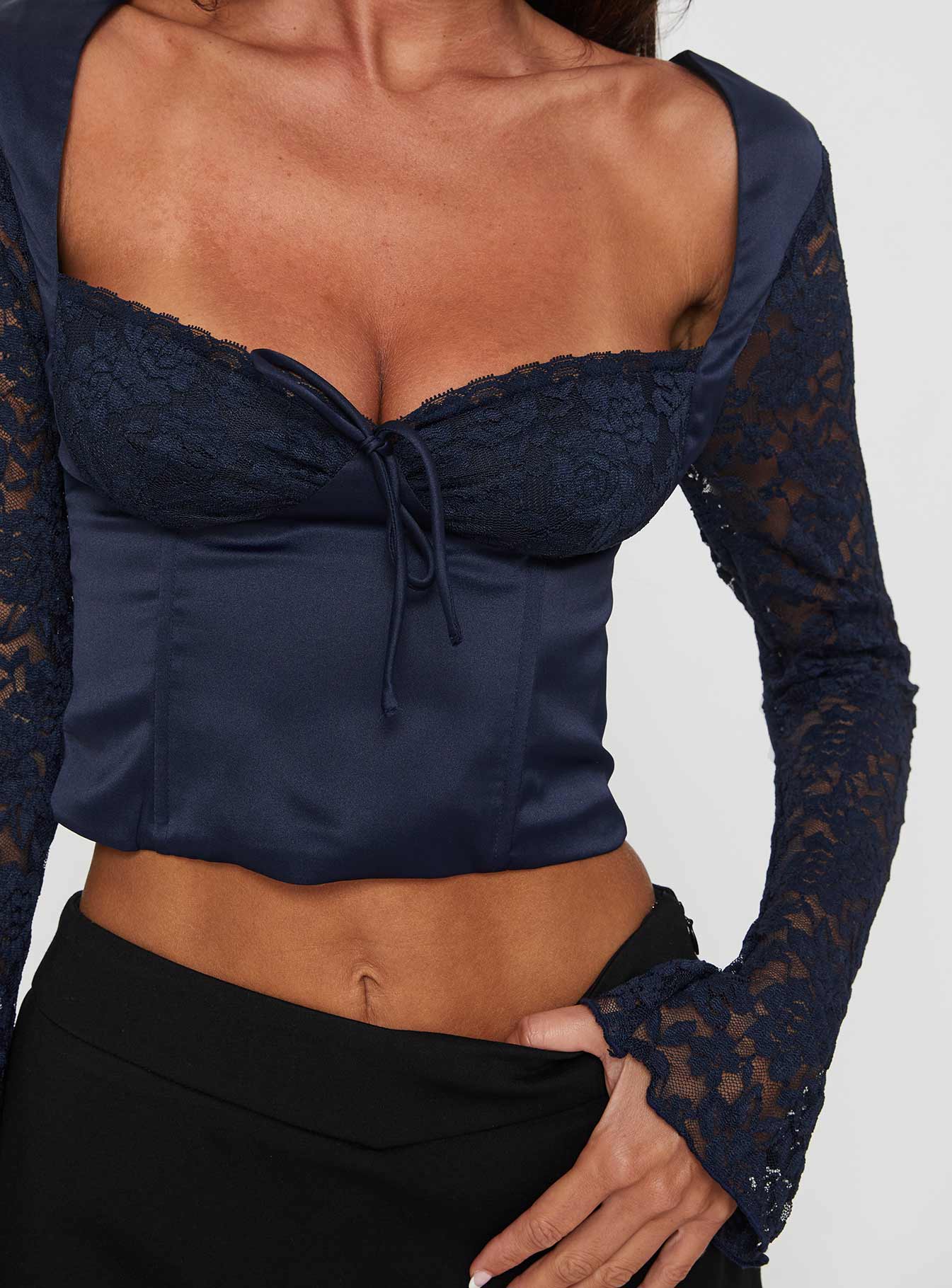 back view of model wearing Princess Polly Markwell Long Sleeve Top Navy Full Sleeves Sweetheart 