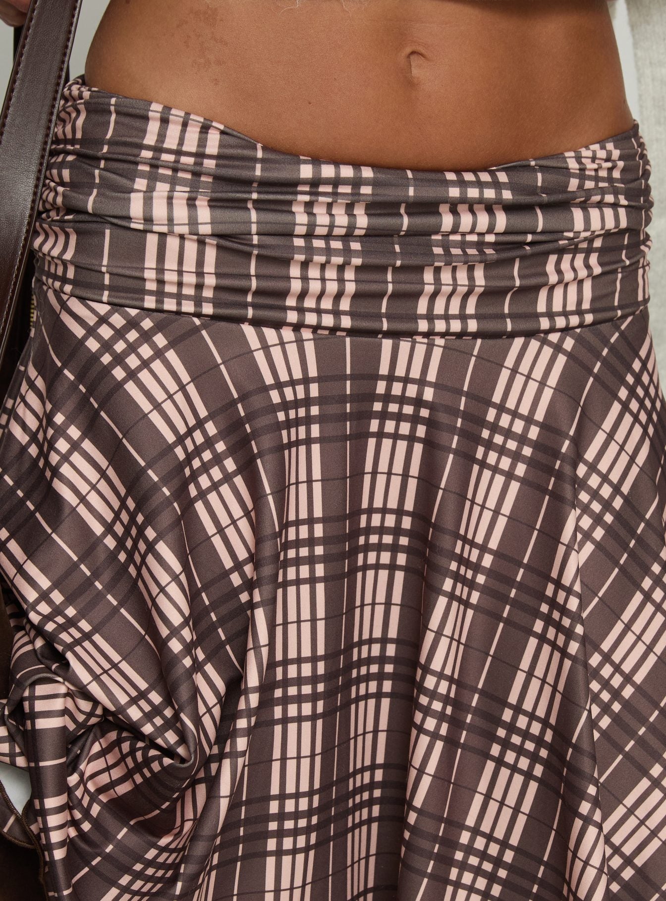 back view of model wearing Princess Polly Scholar Asymmetrical Midi Skirt Brown Check Midi Skirts 