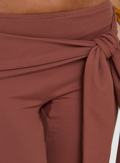 back view of model wearing Princess Polly Daily Define Tie Waist Pants Brown Low Rise Pants 