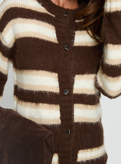 back view of model wearing Princess Polly Cultivated Fluffy Knit Cardigan Brown Stripe Long 