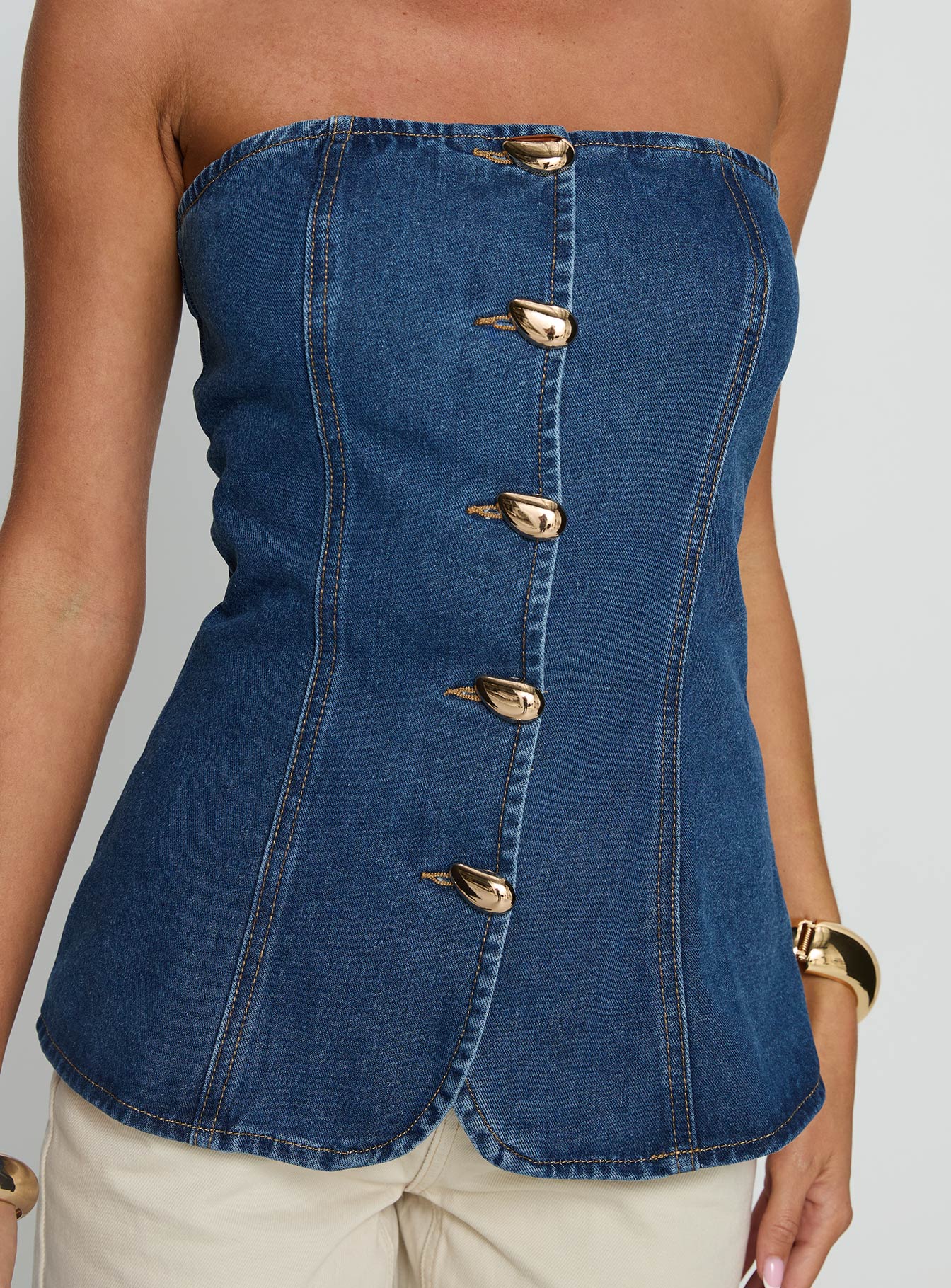 Deann Denim Strapless Top Mid Blue Wash