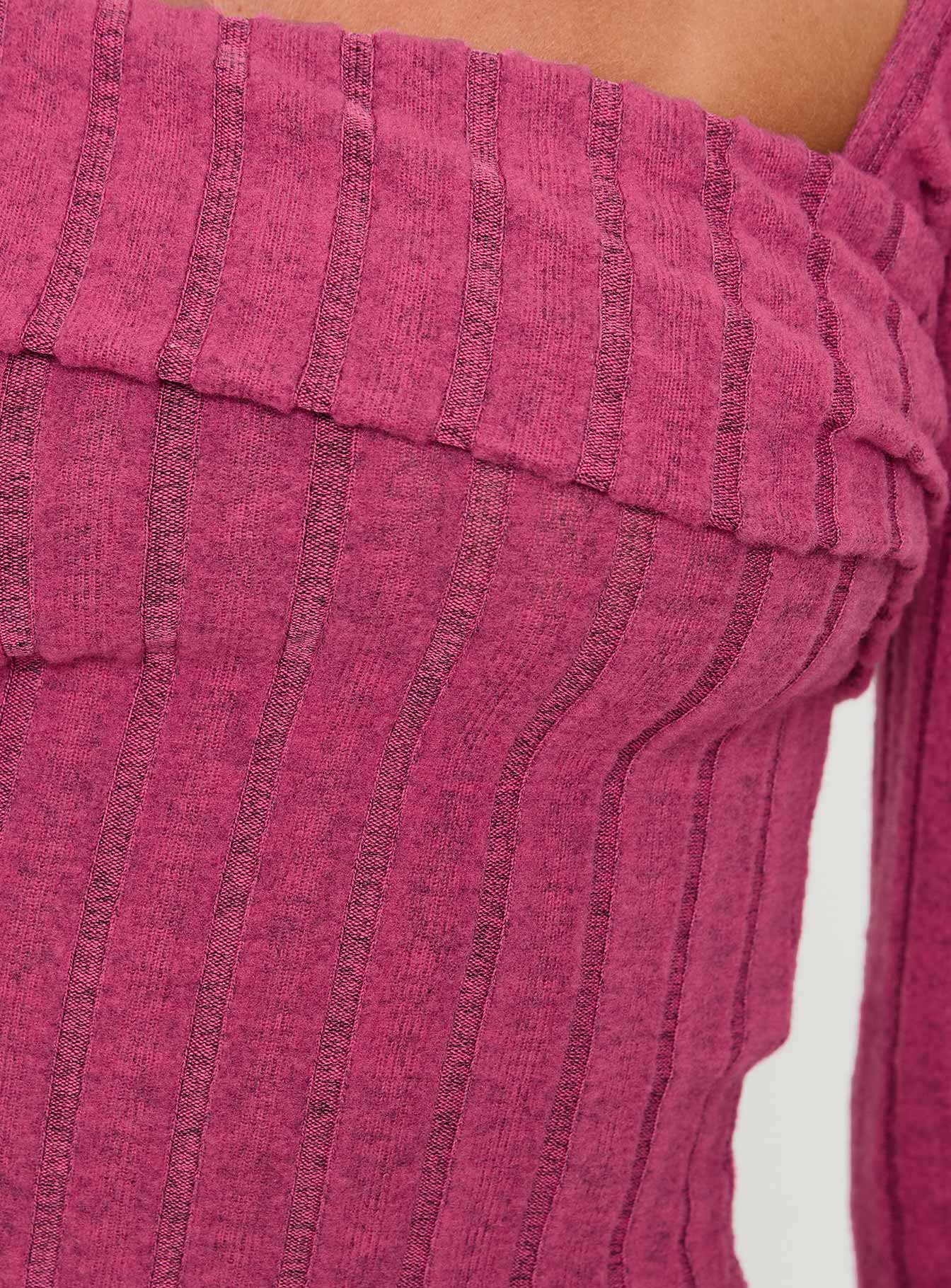 back view of model wearing Princess Polly Looking For Love Long Sleeve Top Pink Full Sleeves Asymmetric Neckline 