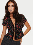Floral print top Silky material, open front design, lace trim, tie fastening  Non-stretch, unlined