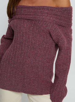 back view of model wearing Princess Polly Snowie Off Shoulder Knit Sweater Burgundy Long 